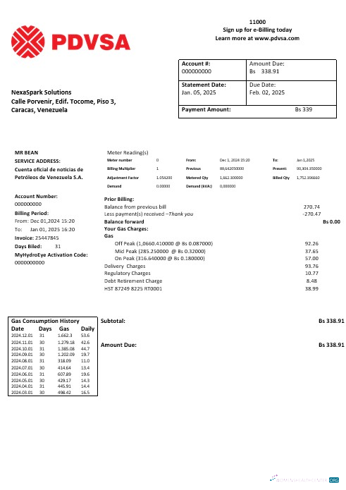 Download Venezuela PDVSA Gas business utility bill template in Word and PDF formats Photoshop template